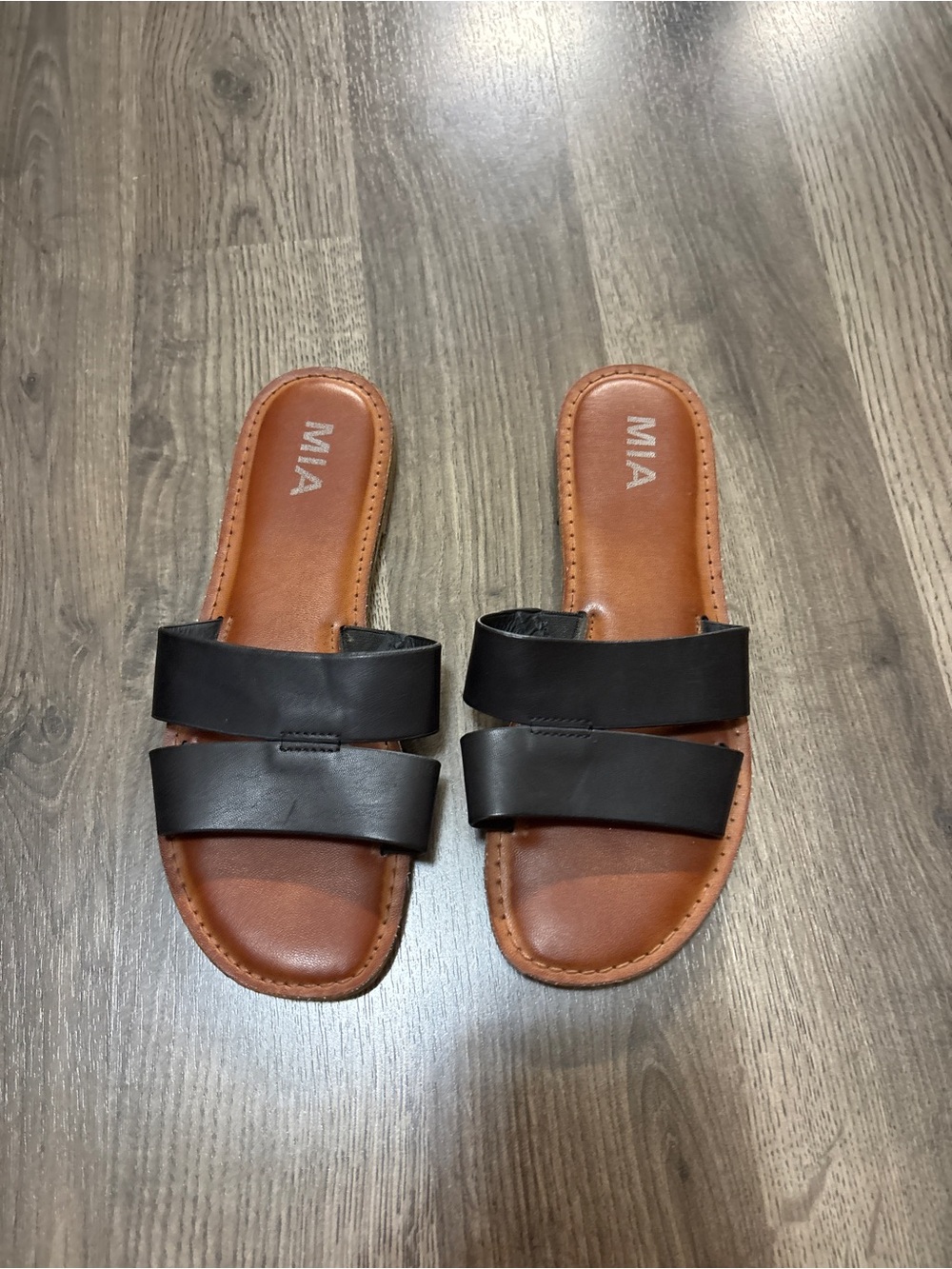 MIA Black Double-Strap Slide Sandals with Brown Footbed